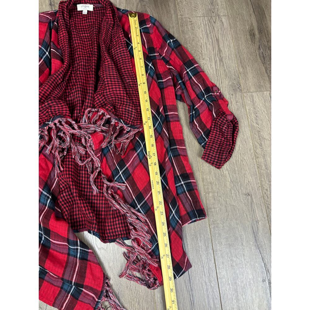 Umgee Plaid Fringe Cardigan Women’s Small Red Black Draped Open Front Top - Picture 2 of 6